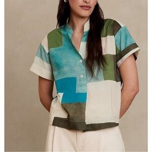 Banana Republic Short Sleeve Cotton
Button Front Pleated Back Top Yuzu Zest L